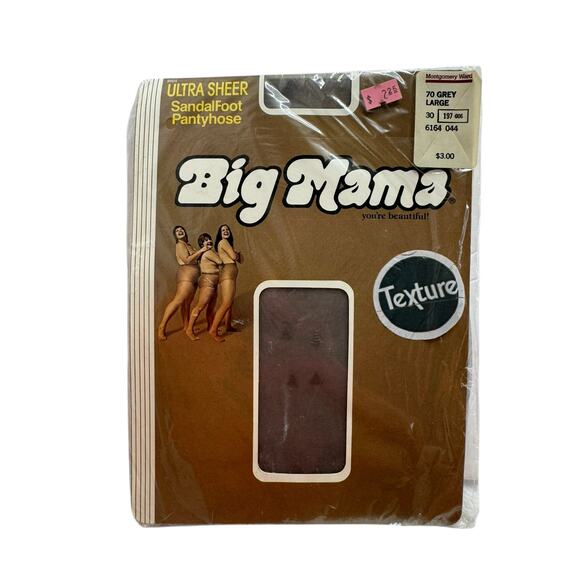 Vintage BIG MAMA *NEW 1970s Ultra Sheer Sandalfoot Pantyhose Textured Large Grey - Picture 1 of 3